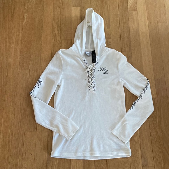Harley Davidson Waffle Weave Hooded Size Small Top - Picture 3 of 14